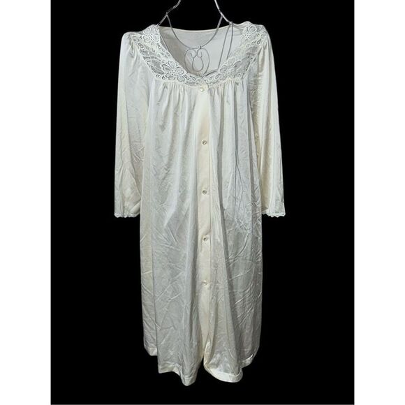 VINTAGE SHADOWLINE SILKY NYLON Button-Up LACE/FLORAL House Dress YELLOW Lounge S - Picture 1 of 12